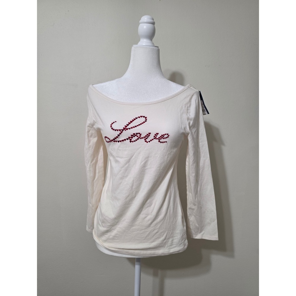 Universal Thread Cream Love Heart Graphic Long Sleeve Scoop Neck Top NWT M